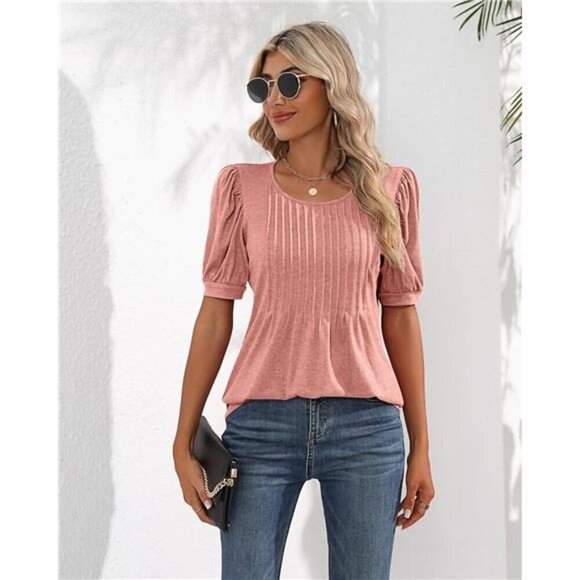 Women's Puff Short Sleeve Tunic Tops Pleated Crew Neck Blouses Casual Loose - Picture 5 of 6